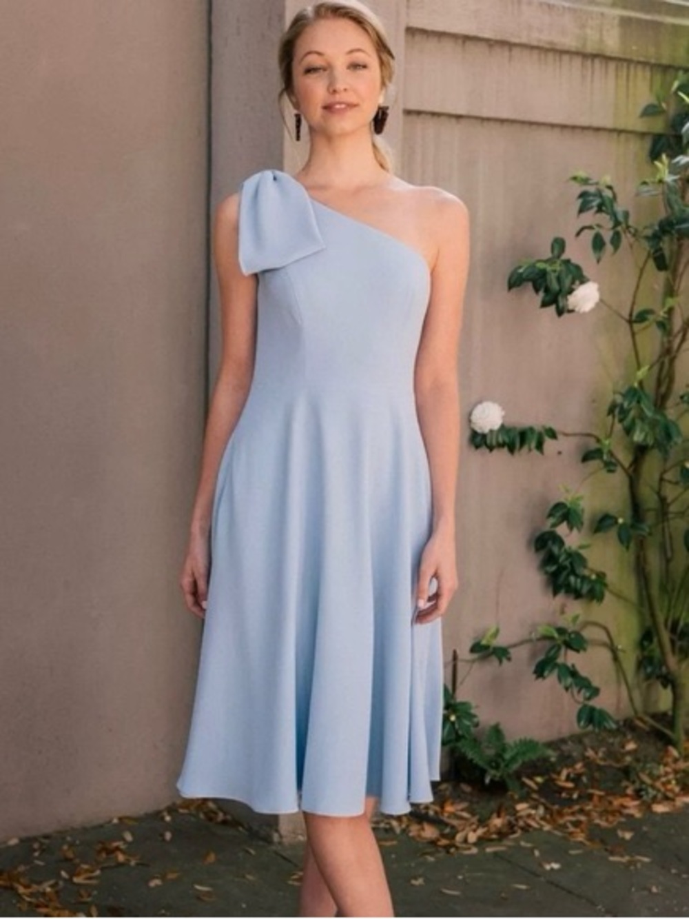 Yvonne one shoulder Light Blue Midi Dress with Bow Detail
